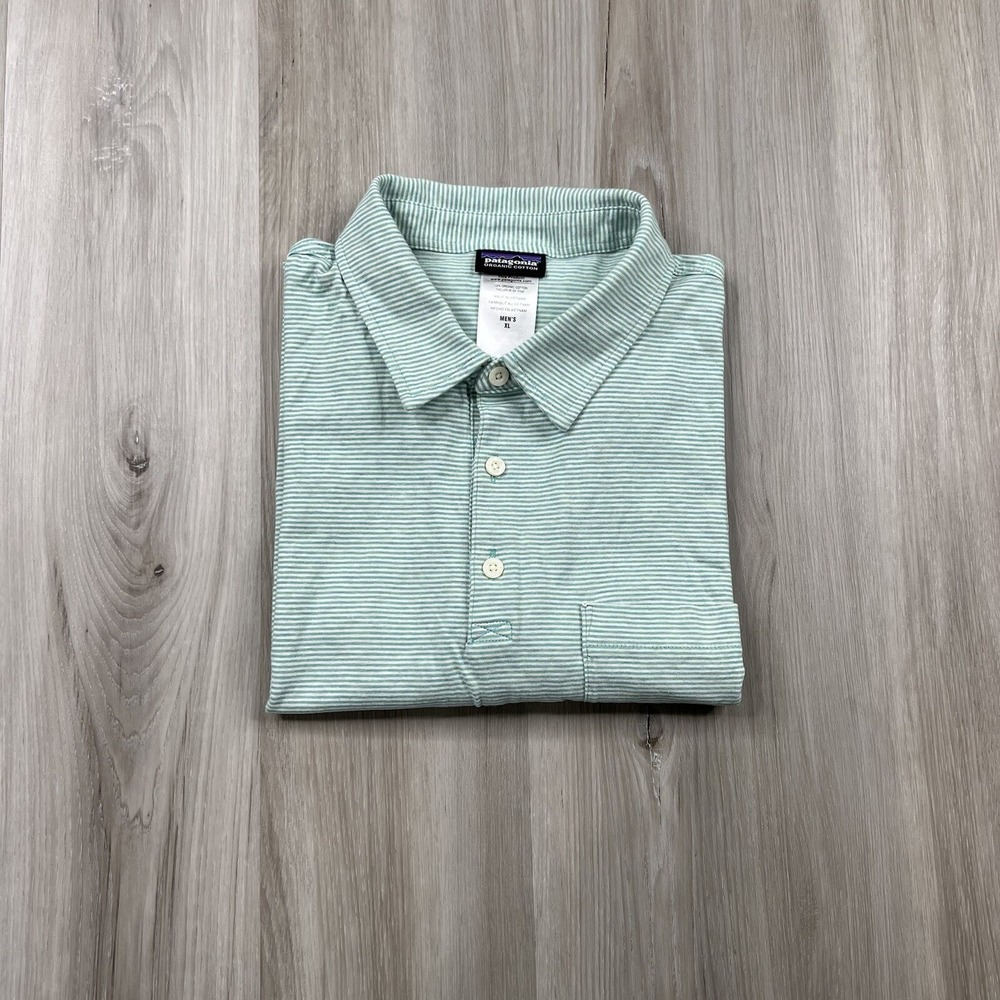Patagonia Organic Cotton Polo Shirt Mens Size Xtra Large Green White Striped